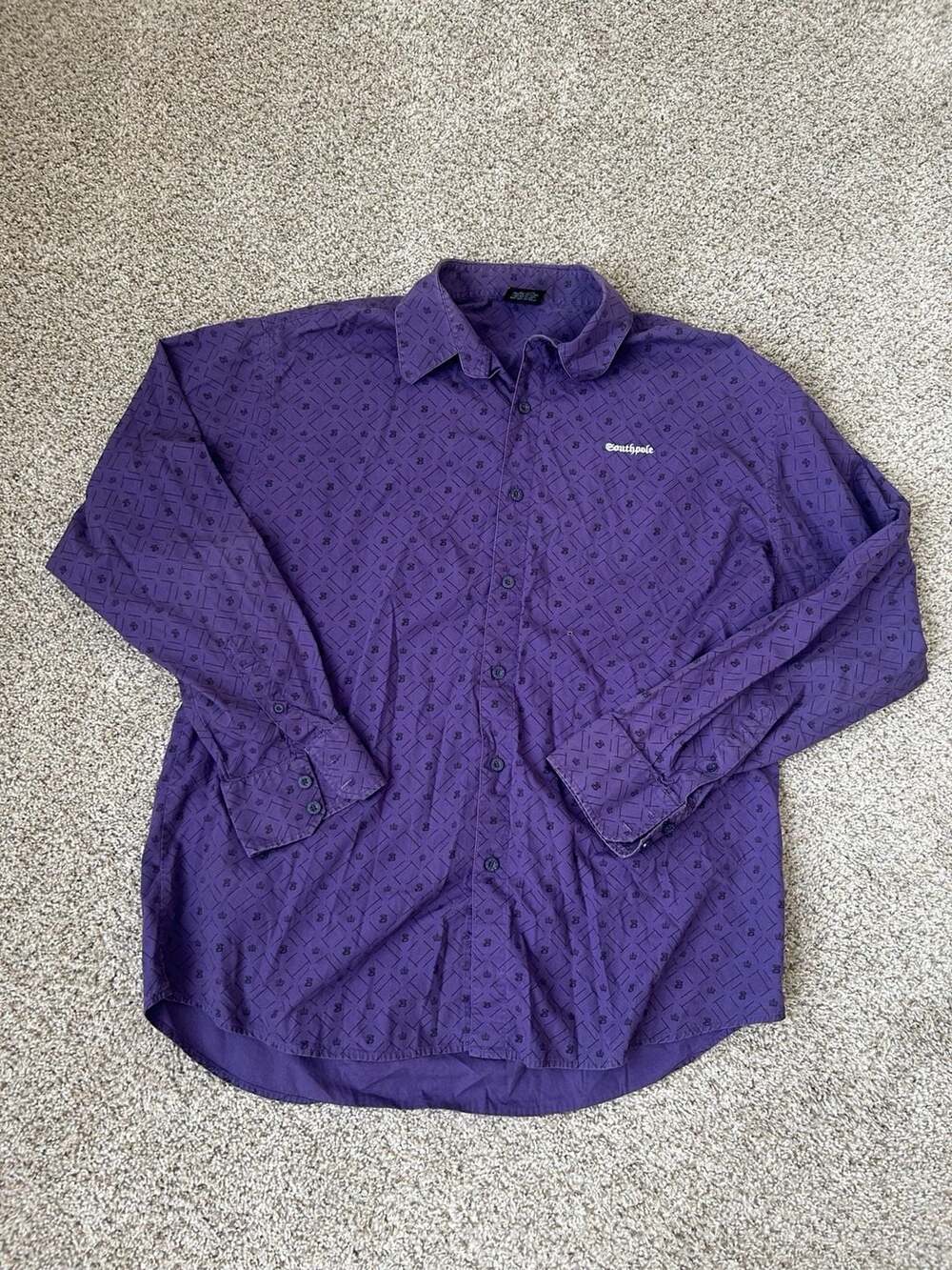 Southpole Men's Long Sleeve Button-Up Shirt, Purple with Black Logo Pattern, Siz
